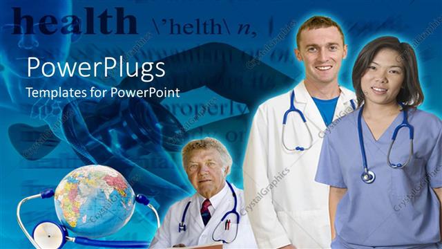  Presentation with nurse team - Two doctors and a nurse smiling beside earth globe and stethoscope