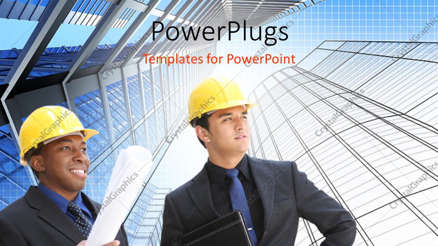 Featuring Two Engineers with Building Blueprints Between Tall Architectural Structures