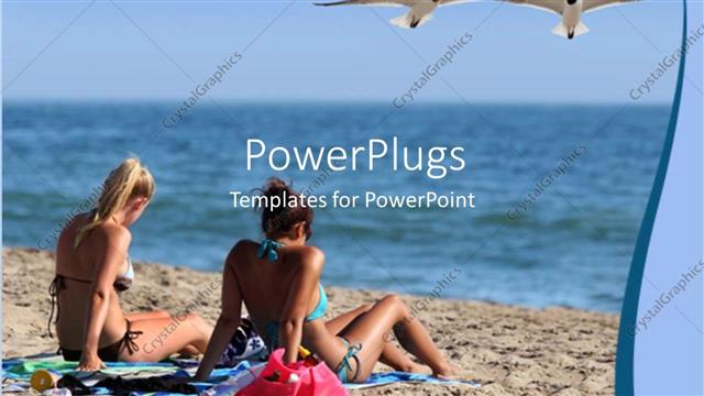  Presentation with females - Two females lying on a beach shore and two birds flying