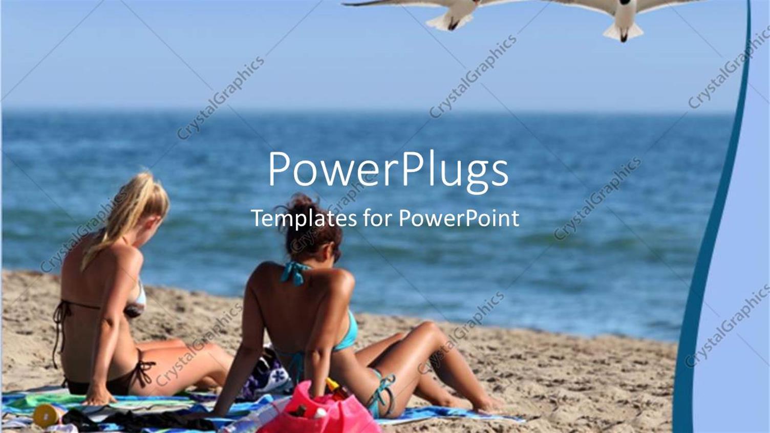 Featuring Two Females Lying on a Beach Shore and Two Birds fLying