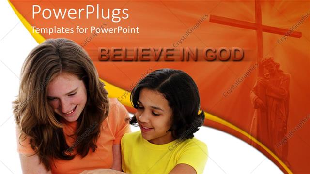  Presentation with bible study - Two females reading a bible with a cross and a believe in God text
