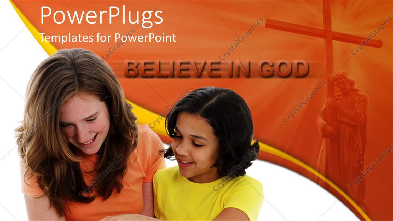 Featuring Two Females Reading a Bible with a Cross and a Believe in God Text