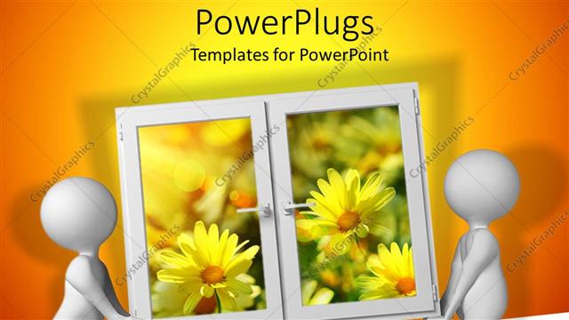  Presentation with flowers - Two figures carrying large window showing yellow flowers on orange background, spring