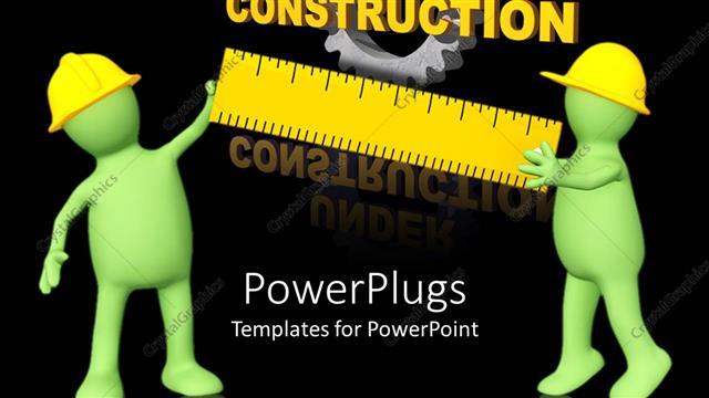 Presentation with gear - Two figures holding the ruler with gear in the background
