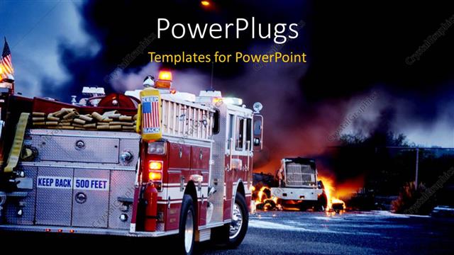  Presentation with trucks - Two fire service trucks attending to a burning building