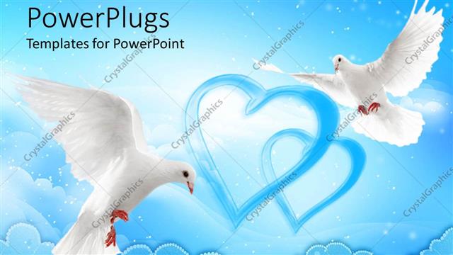  Presentation with wide - Two flying doves with wide open wings with two blue hearts over the clouds