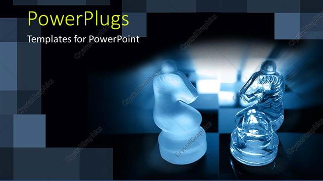  Presentation with blue chess - Two glowing Knight chess pieces with blue background