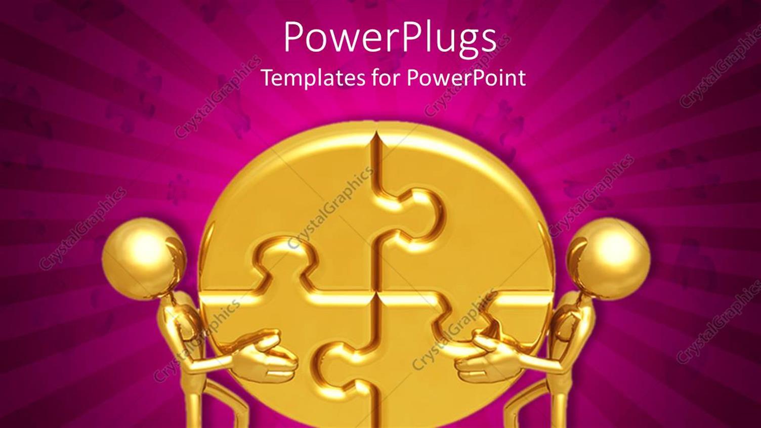 Featuring Two Gold colored 3D Characters Holding Up Four Puzzle Pieces 