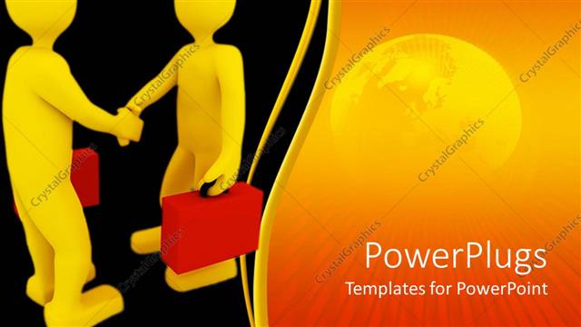  Presentation with shake hand - Two gold colored 3d human characters holding red briefcases