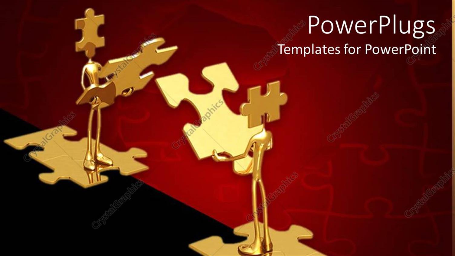 Featuring Two Gold Colored Characters Holding and Standing on Puzzle Pieces