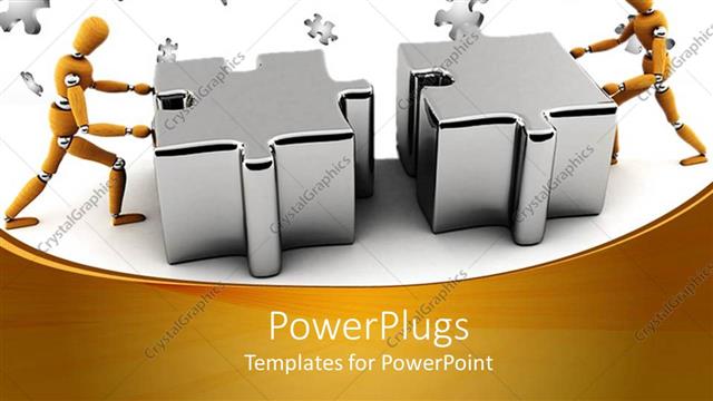  Presentation with robots - Two gold colored robots pushing two puzzle pieces together