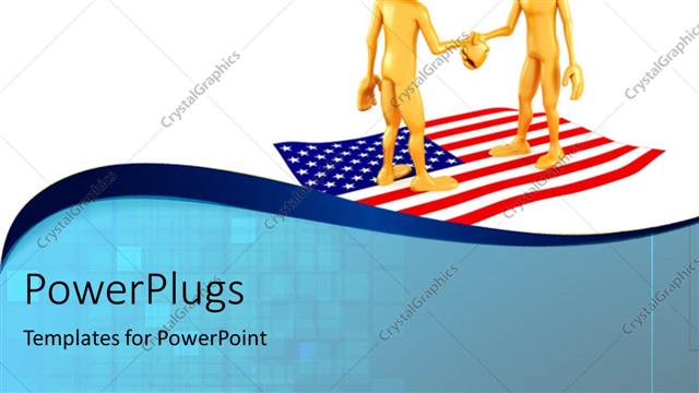  Presentation with usa flag - Two gold plated 3D men standing on the American flag shake hands