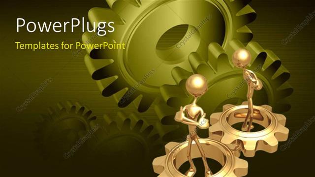  Presentation with green gold - Two gold plated men in gold gears with green gears in background?