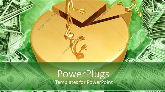  Presentation with pie chart - Two golden human figures arranging a big pie chart