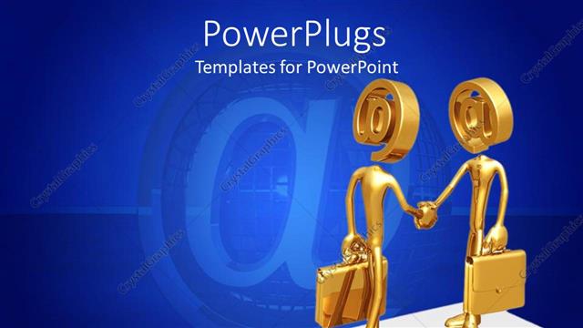  Presentation with mail - Two golden human figures with the @ symbols on a blue background
