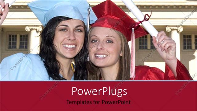  Presentation with building - Two graduates with building in the background