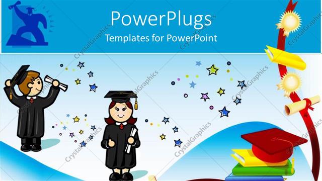  Presentation with graduation - Two graduates  celebrating their graduation along with a collection of books