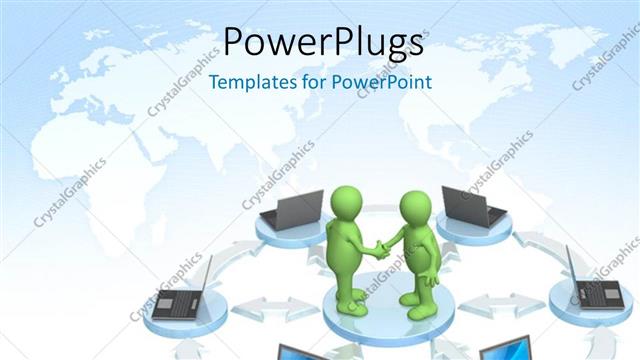  Presentation with web - Two green 3D characters standing in the middle of laptops