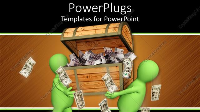  Presentation with treasure - Two green 3D men carrying wooden box filled with dollar bills