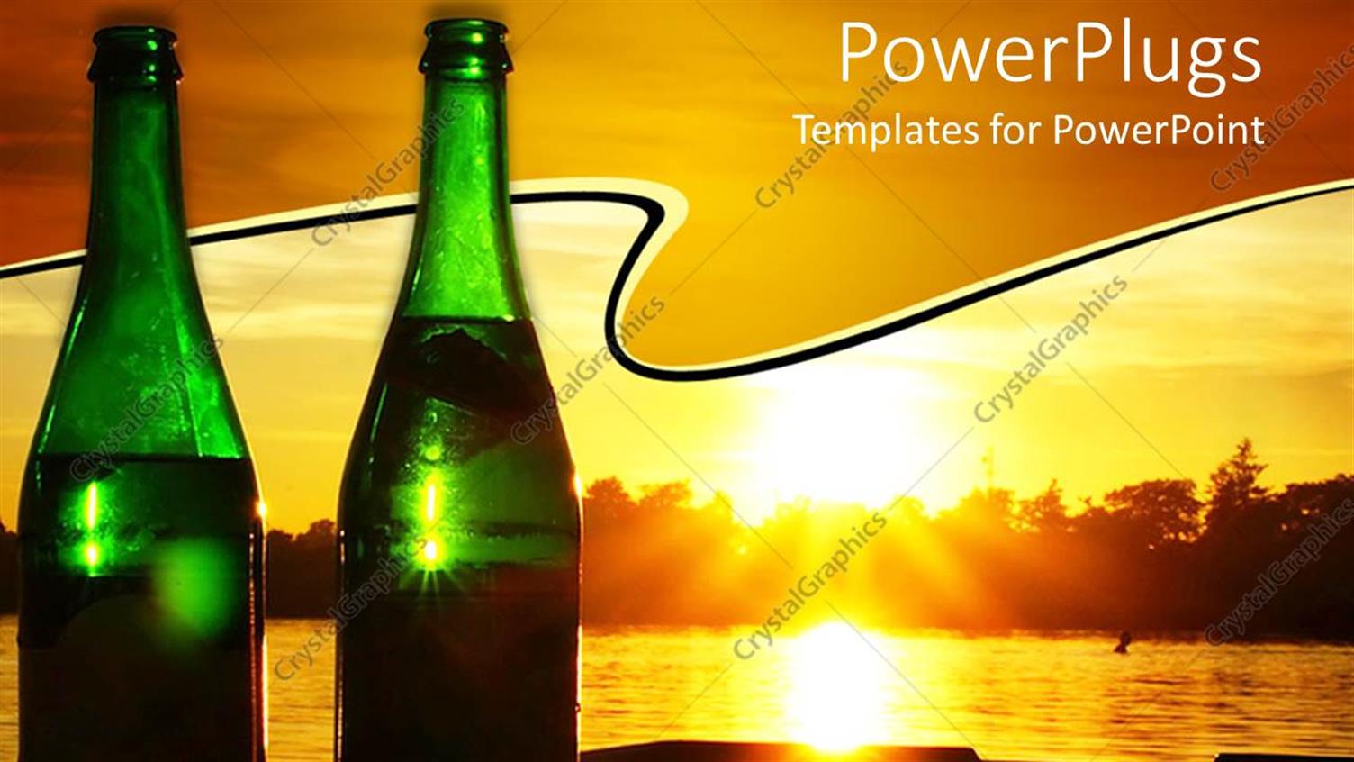Featuring Two Green Champagne Bottles with Sunset in Background