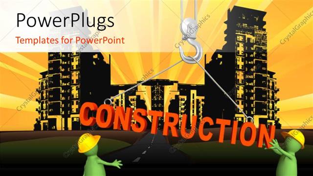  Presentation with construction - Two green colored 3D characters with a text that spells out the word 