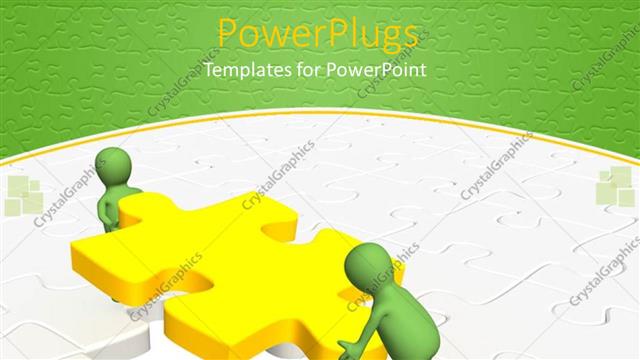  Presentation with teamwork - Two green colored 3D human characters lifiting up a yellow puzzle