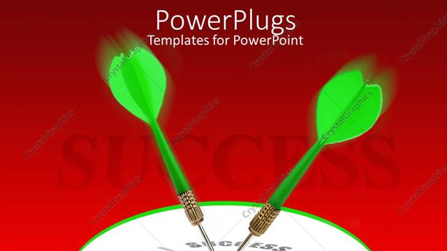  Presentation with target - Two green darts hitting success bulls eye on red background