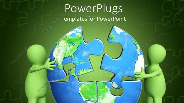  Presentation with world puzzle - Two green figures assembling globe puzzle