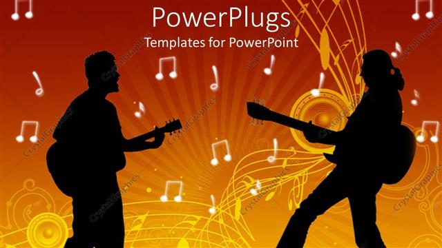  Presentation with music - Two guitarists playing thr guitar together with music notes in the background