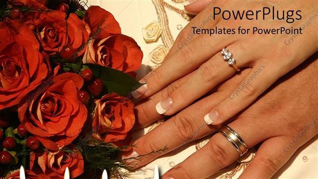  Presentation with engagement - Two hands with engagement ring, wedding bands, burning red candles with word love, bouquet of red roses