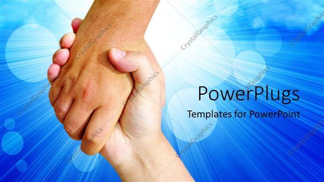  Presentation with helping hand - Two hands holding each other on a blue background with light rays and bubbles