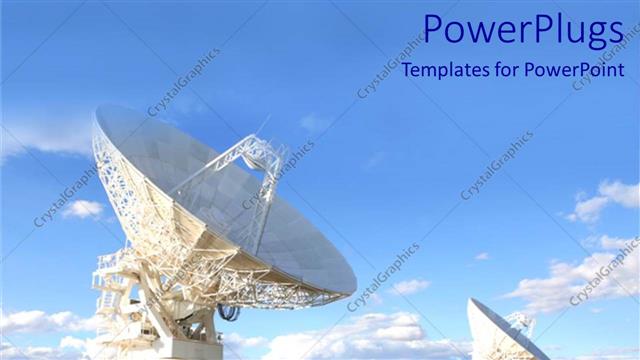  Presentation with satellite - Two huge white satellite dishes on field under blue sky