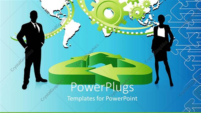  Presentation with recycle - Two human depictions standing near a recycle symbol on a blue background