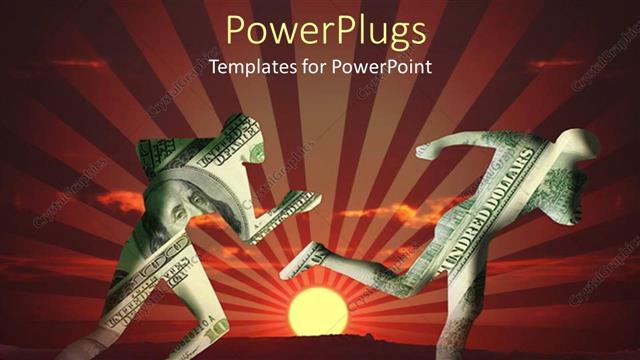  Presentation with bills - Two human figures colored with dollar bills running on a sunset background