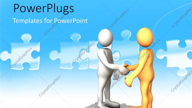  Presentation with shaking hands - Two human figures of different colors standing on puzzle and shaking hands