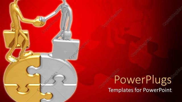  Presentation with gold silver - Two human figures standing on a gold and silver puzzle shaking hands