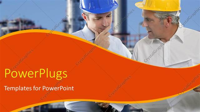  Presentation with think - Two industrial engineers with protective helmet over?industrial plant