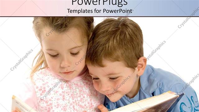  Presentation with kids reading book - Two kids studying a book with white background