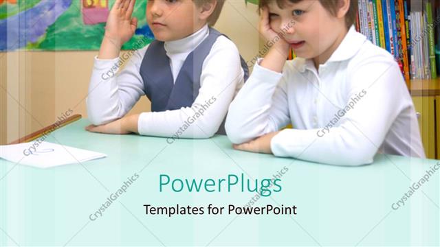  Presentation with question - Two kids trying to answer a question with books in the background