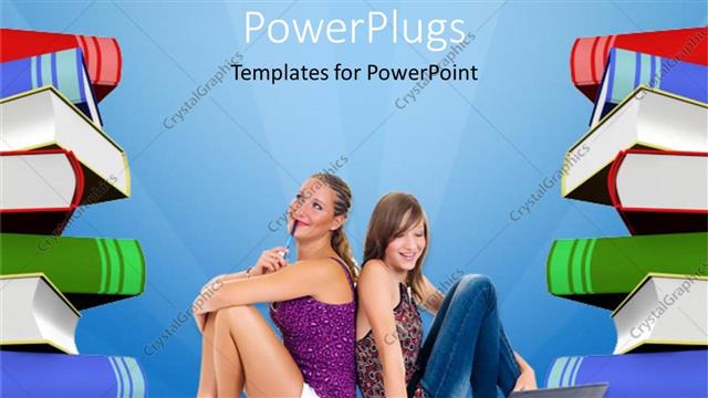  Presentation with education materials - Two ladies sitting back to back smiling with educational materials