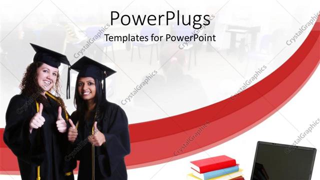  Presentation with graduation - Two ladies wearing graduation gowns with thumbs up, stack of books, laptop and a mouse
