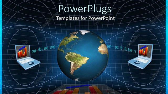  Presentation with quarterly - Two laptops on opposite sides of globe above quarterly profit graph