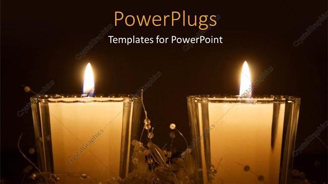  Presentation with white candles - Two large white colored candles with some objects round them