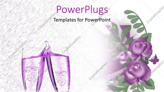  Presentation with purple butterfly - Two lavender champagne glasses next to purple flowers and butterfly