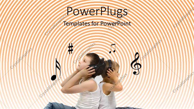  Presentation with music kids - Two little kids sitting back to back with headphones on enjoying music