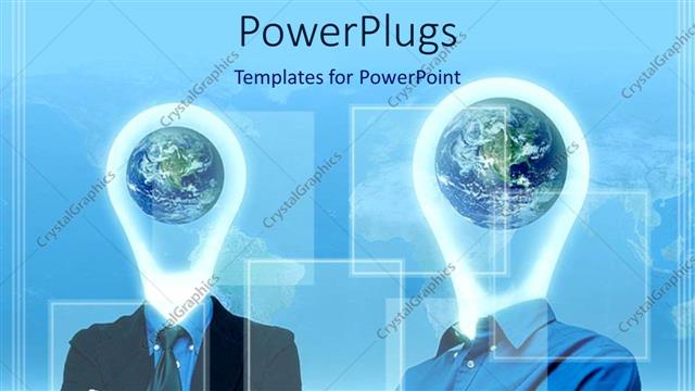  Presentation with glowing light bulb light bulb - Two men bodies with heads replaced by glowing light bulb with globe inside them