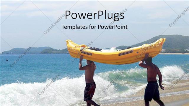  Presentation with wave - Two men carrying raft boat on head towards sea wave