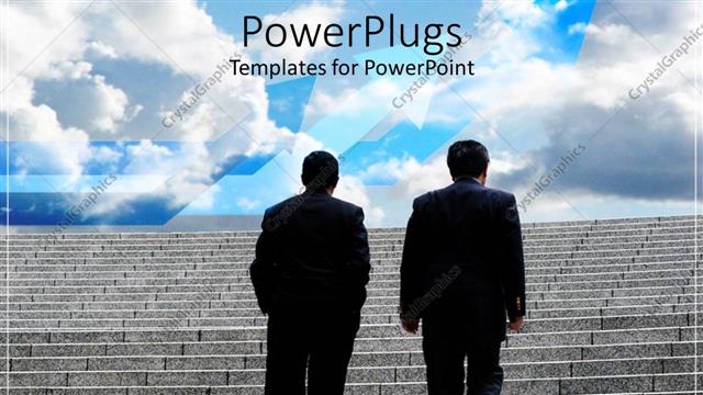  Presentation with climbing stairs - Two men dressed in suit climbing up stairs to blue cloudy sky