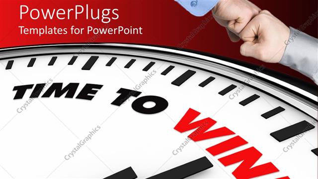  Presentation with clock - Two men hands united over a clock with words time to win