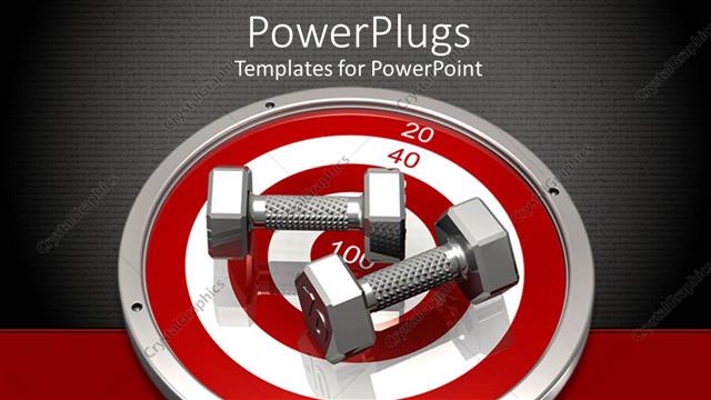  Presentation with weight - Two metallic dumbells on a red and white colored dart board